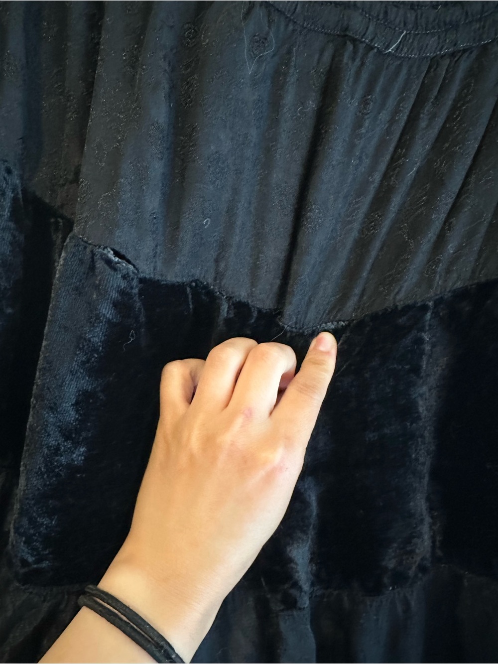 Vintage Boho Black Tiered Maxi Skirt Velvet and Floral print Panels size large - Picture 7 of 7